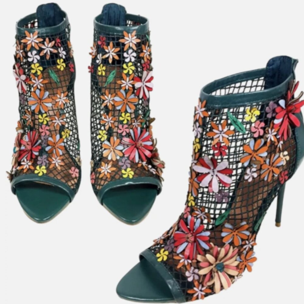 Zara Green Floral Mesh High Heels